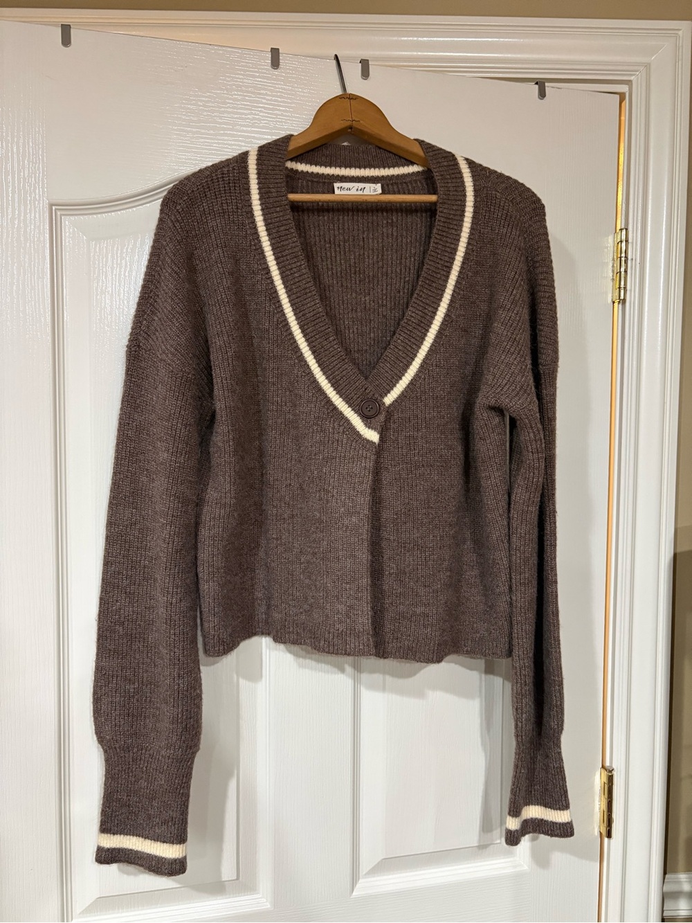 NWOT- New In- Chocolate Brown V-Neck Sweater with Cream Trim
